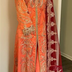 Vibrant Orange and Red Embroidered Long Sleeve Dress